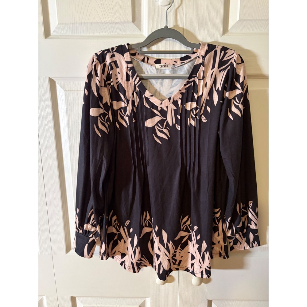 Zeagoo Womens Black Pink Leaf Print Pintuck V-Neck Long Sleeve Blouse Size L